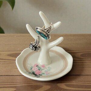 Vintage White Porcelain Ring Holder Floral Pink Rose Trinket Jewelry Dish